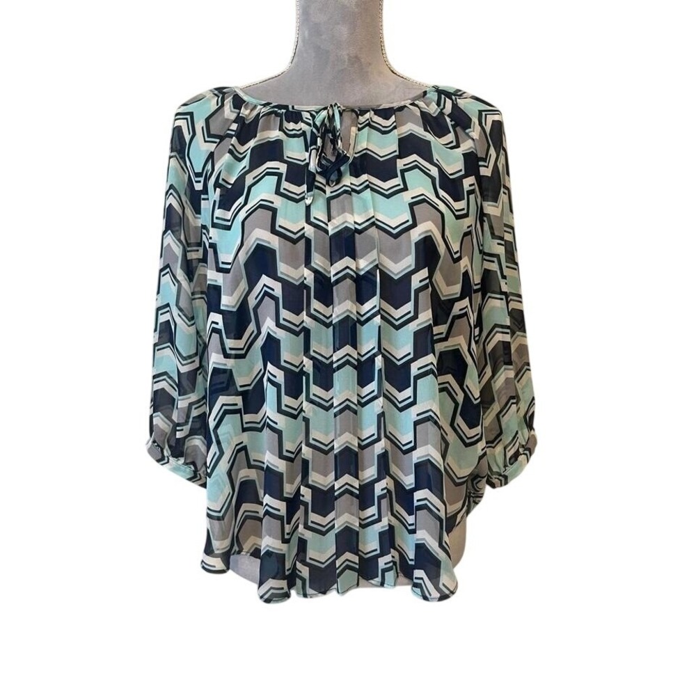 By & By Peasant Flowy Semi Sheer Blouse top shirt geometric‎ career Sz MED
